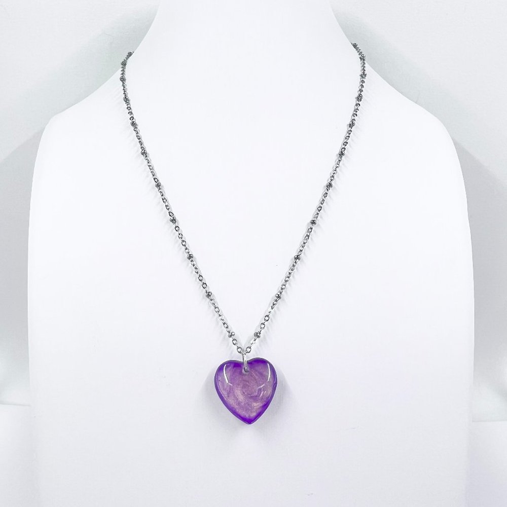 New / Handcrafted - Purple Iridescent Bubble Heart Silver Tone Chain Necklace - Picture 2 of 7